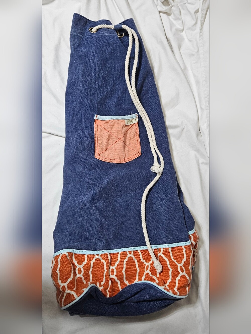Spartina 449 Canvas Drawstring Beach Bag Blue Coral Nautical Tote Large Bucket